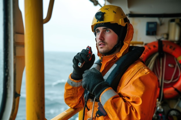 Photo marine deck officer or chief mate on deck of offshore vessel or ship wearing ppe personal protective