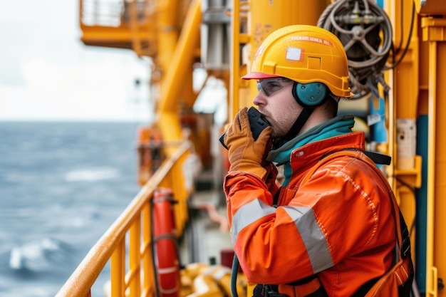 Photo marine deck officer or chief mate on deck of offshore vessel or ship wearing ppe personal