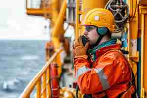 Photo marine deck officer or chief mate on deck of offshore vessel or ship wearing ppe personal