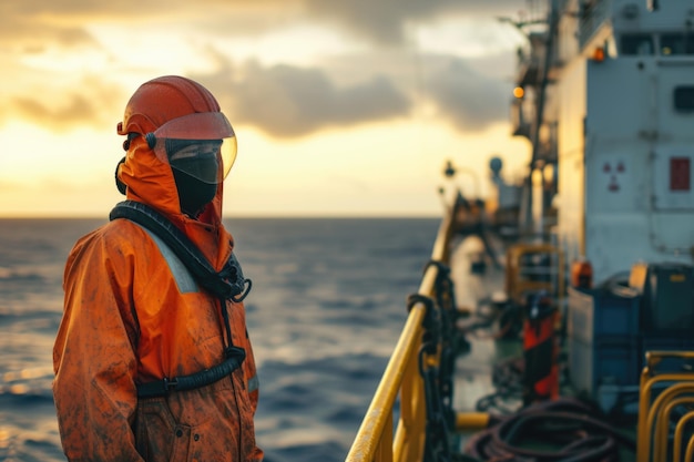 Photo marine deck officer or chief mate on deck of offshore vessel or ship wearing ppe