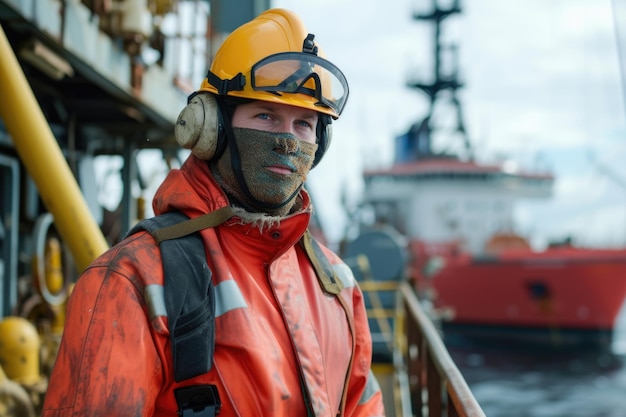 Photo marine deck officer or chief mate on deck of offshore vessel or ship wearing ppe