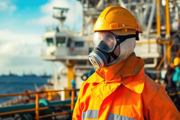 Photo marine deck officer or chief mate on deck of offshore vessel or ship wearing ppe