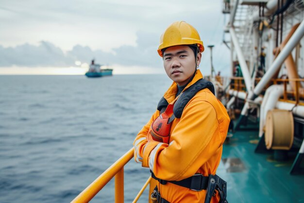 Photo marine deck officer or chief mate on deck of offshore vessel or ship wearing ppe