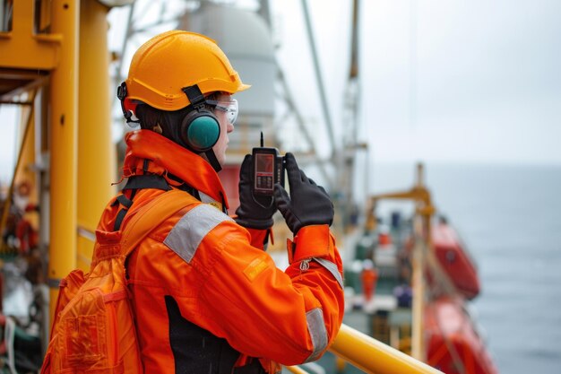 Photo marine deck officer or chief mate on deck of offshore vessel or ship wearing ppe