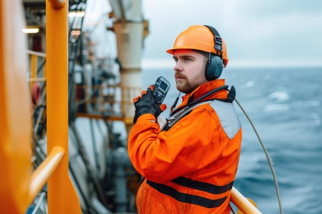 Photo marine deck officer or chief mate on deck of offshore vessel or ship wearing ppe