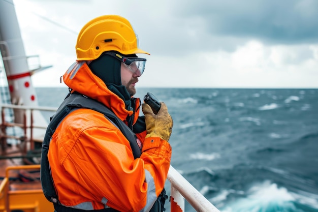 Marine Deck Officer or Chief mate on deck of offshore vessel or ship wearing PPE