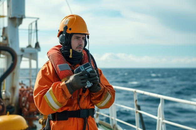 Photo marine deck officer or chief mate on deck of offshore vessel or ship wearing ppe