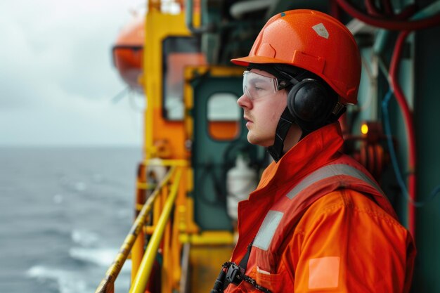 Photo marine deck officer or chief mate on deck of offshore vessel or ship wearing ppe