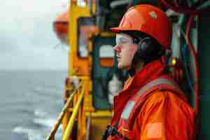 Photo marine deck officer or chief mate on deck of offshore vessel or ship wearing ppe