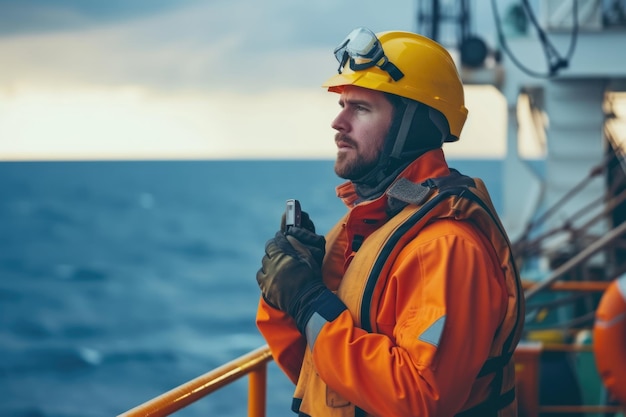 Photo marine deck officer or chief mate on deck of offshore vessel or ship wearing ppe