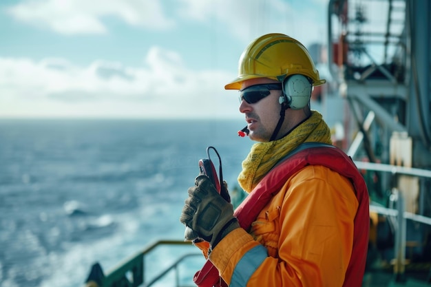 Photo marine deck officer or chief mate on deck of offshore vessel or ship wearing ppe