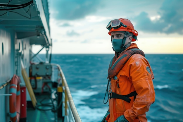 Photo marine deck officer or chief mate on deck of offshore vessel or ship wearing ppe