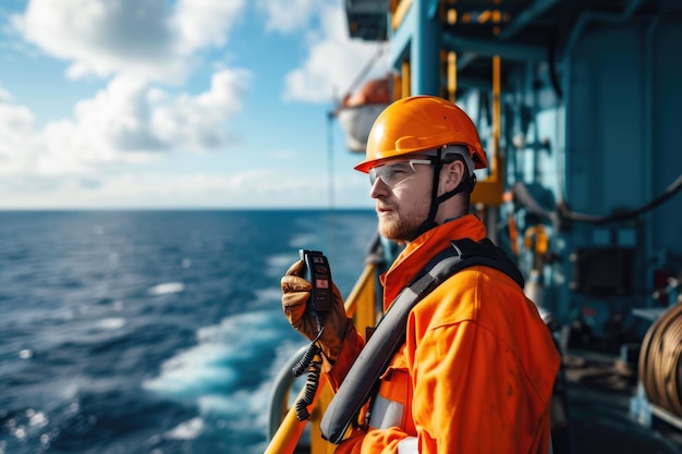 Photo marine deck officer or chief mate on deck of offshore vessel or ship wearing ppe