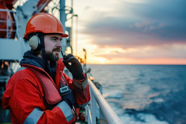 Photo marine deck officer or chief mate on deck of offshore vessel or ship wearing ppe