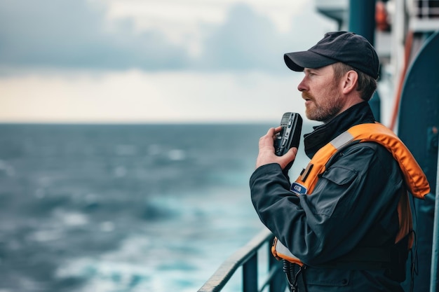 Marine Deck Officer or Chief mate on deck of vessel or ship He holds VHF walkietalkie radio in