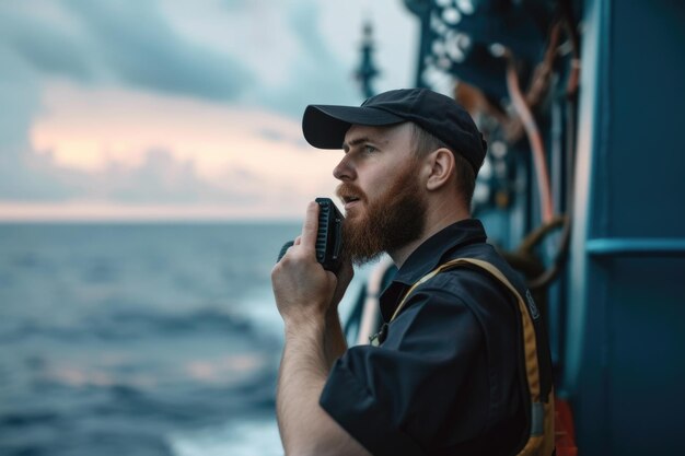 Photo marine deck officer or chief mate on deck of vessel or ship he holds vhf walkietalkie radio in