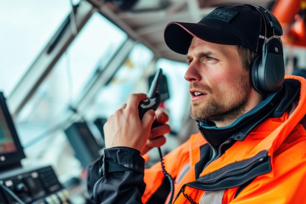 Photo marine deck officer or chief mate on deck of vessel or ship he holds vhf walkietalkie radio