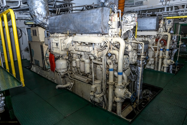 Marine engine. Diesel generator. Engine room interior.