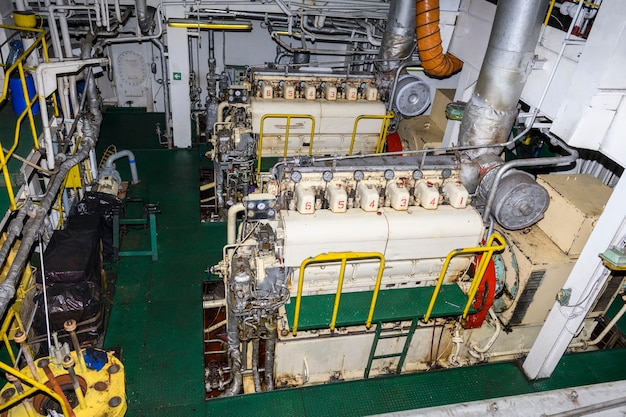 Marine engine. diesel generator. engine room interior.