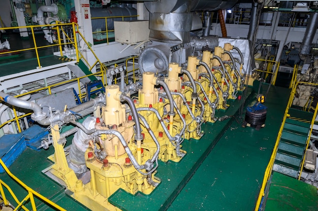 Marine engine. Diesel generator. Engine room interior.