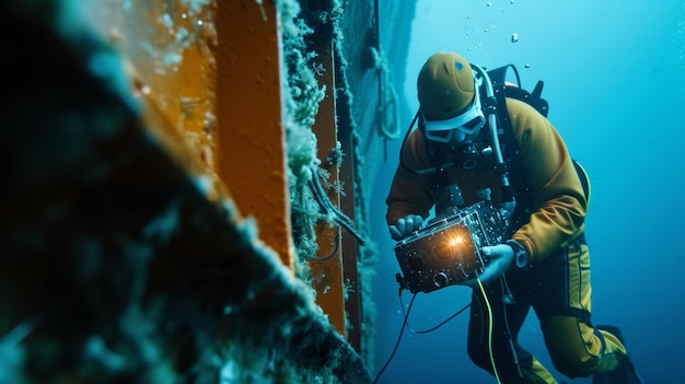 海上エンジニアがROVで水中船体を検査している