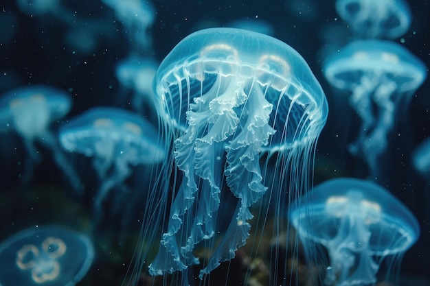 The marine jellyfish glows with luminescent against of the dark sea professional photography