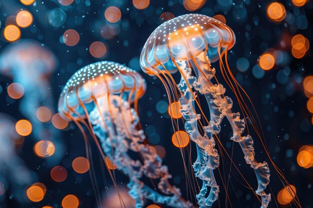 The marine jellyfish glows with luminescent against of the dark sea professional photography