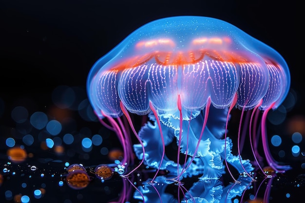 The marine jellyfish glows with luminescent against of the dark sea professional photography