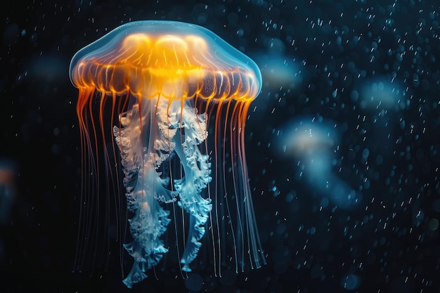 The marine jellyfish glows with luminescent against of the dark sea professional photography