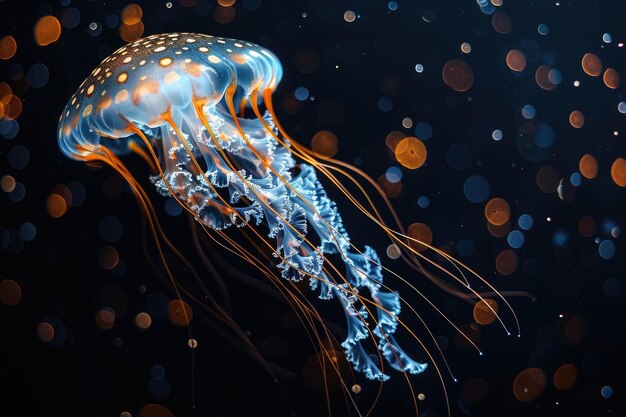 The marine jellyfish glows with luminescent against of the dark sea professional photography