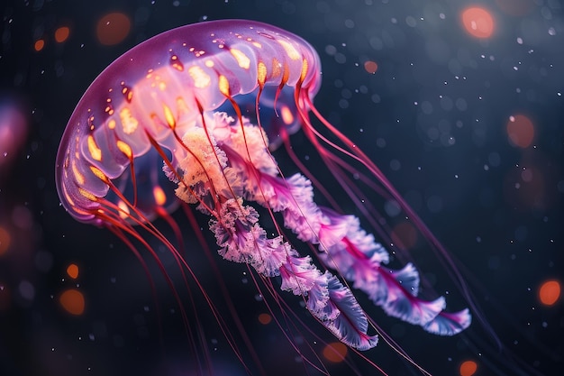 The marine jellyfish glows with luminescent against of the dark sea professional photography