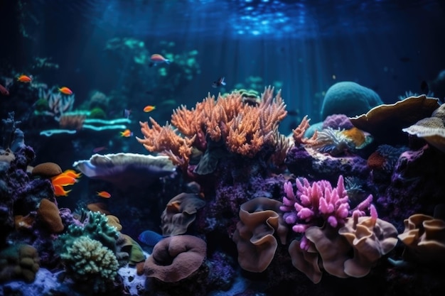 Marine life aquarium with tropical fish swimming among colorful corals created with generative ai