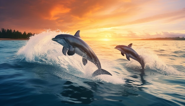 Marine life background jumping dolphins beautiful red sunset on sea