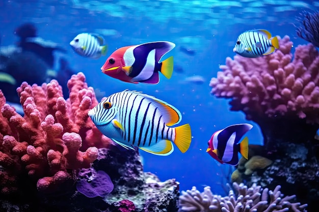 Marine life fish and plants on undersea background colorful tropical fish and coral reef landscape