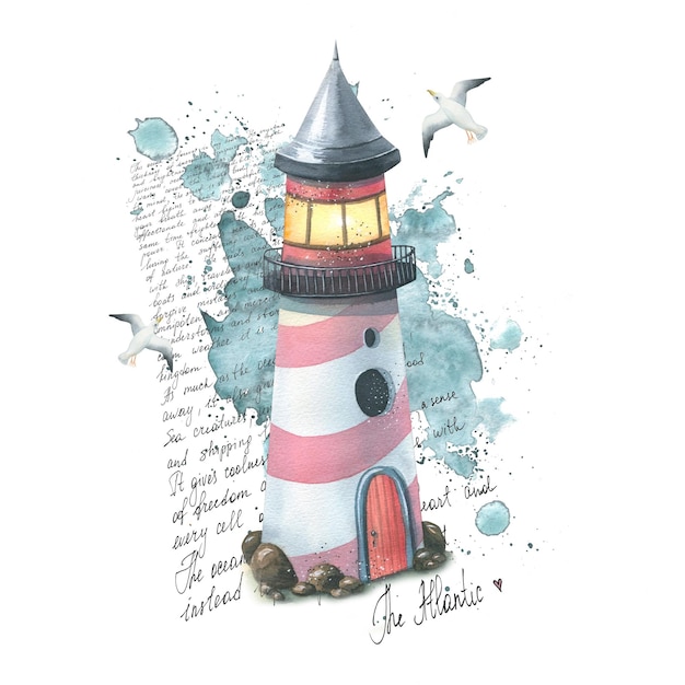 A marine lighthouse on a background of watercolor spots and splashes letters in English about the Atlantic with flying seagulls Watercolor illustration Composition for decoration and design