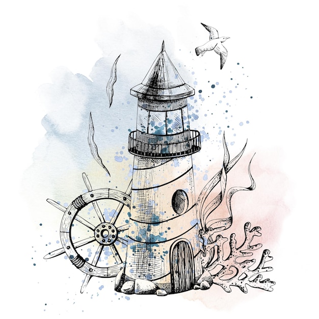 Морской маяк, кораллы, водоросли, шлем и чайки, графика на фоне акварельных пятен и брызг. Иллюстрация, нарисованная вручную. Изолированная композиция на белом фоне.