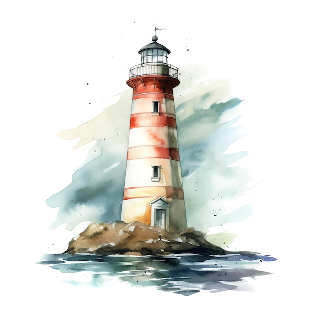 Marine lighthouse watercolor illustration marine animals clipart