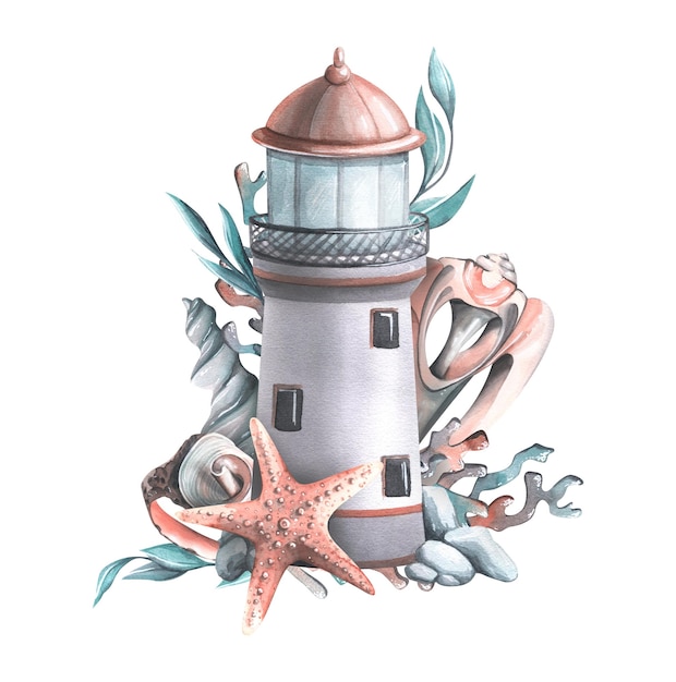 A marine lighthouse with algae corals shells and a starfish