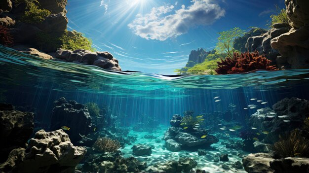 写真 海のパノラマ 太陽に照らされた熱帯海底とサンゴ