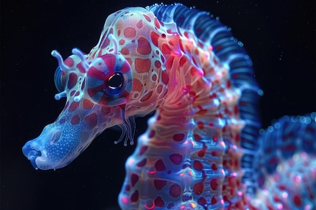 The marine seahorse glows with luminescent against of the dark sea professional photography