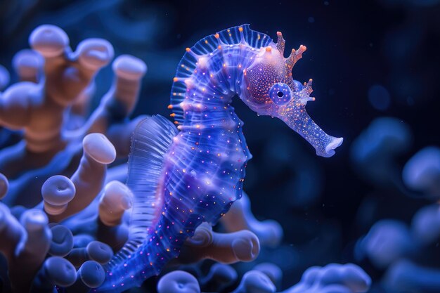 The marine seahorse glows with luminescent against of the dark sea professional photography