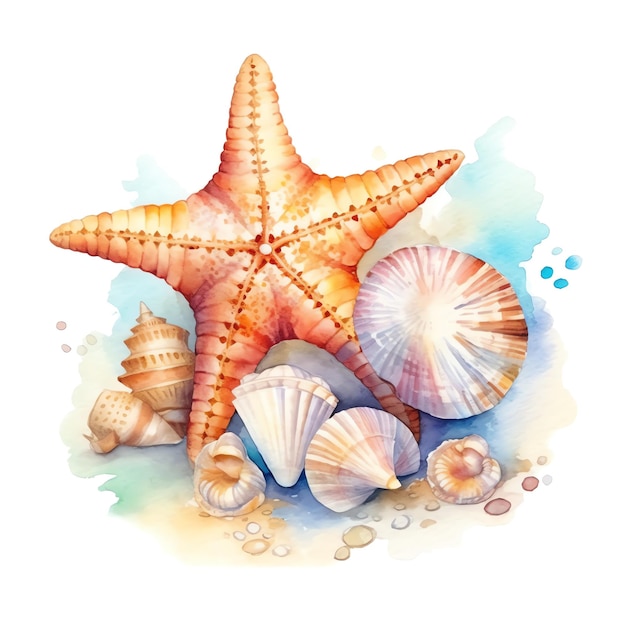 Marine star fish with sea shells and corals watercolor illustration marine animals clipart