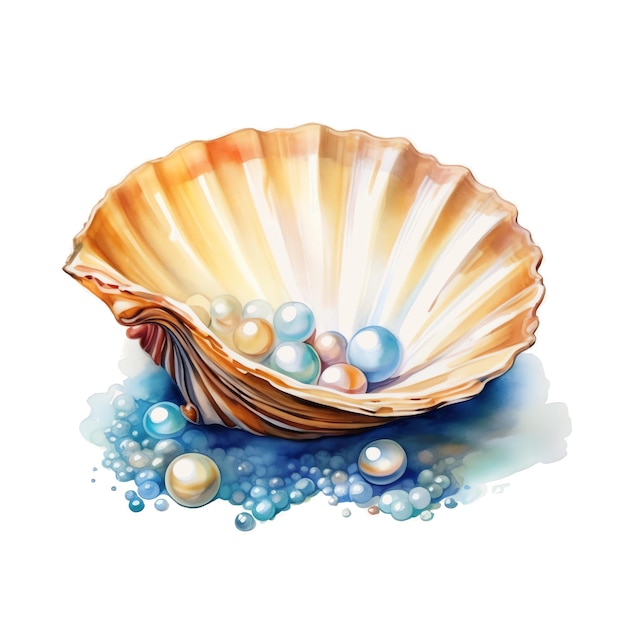 Marine treasure clam watercolor illustration marine animals clipart