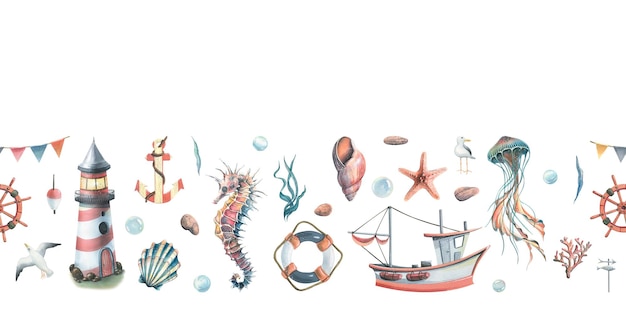 Marine underwater animals a lighthouse and a boat watercolor\
illustration on a white background horizontal seamless border\
banner from the symphony of the sea collection for the design