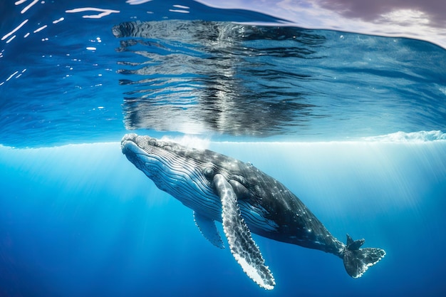 Marine underwater life humpback big whale swimming on sea