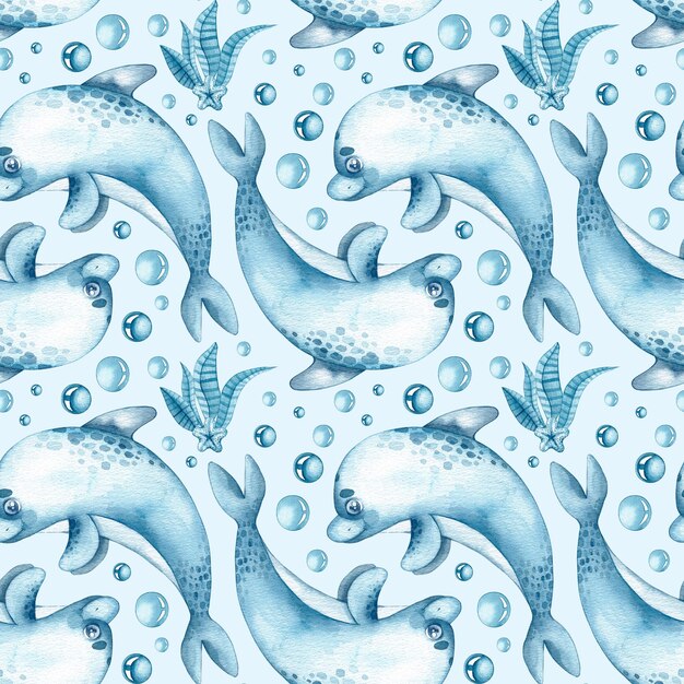 Marine watercolor pattern with marine life