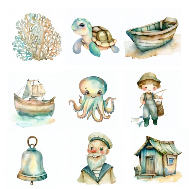 Marine Whimsy Watercolor Illustration of a Ship and Sea Creatures in Pastels