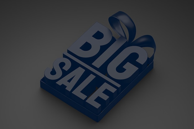 Marineblauwe grote verkoop 3D-ontwerpweergave voor verkoopbevordering met lint en boog op zwarte geïsoleerde achtergrond