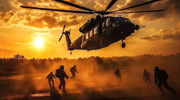 日没時にヘリコプターを降下する海兵隊員 Generative Ai