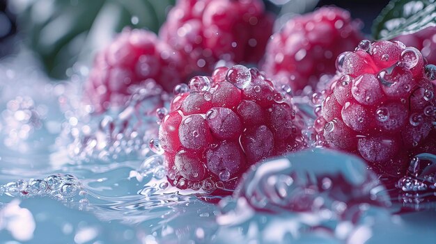 Photo marionberry hovering above the crystal clear water beside palm leaves wide lens